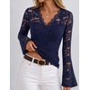 MEROKEETY Women Fall Lace Long Bell Sleeve Blouse V Neck Dressy Shirt Tops | 2026 Trendy, Fitted, Floral Jacquard, Mesh, Sheer Sleeves, Torso‑lined, Business Casual, Fashion Outfit, Winter Clothes(Navy)