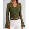 MEROKEETY Women Fall Lace Long Bell Sleeve Blouse V Neck Dressy Shirt Tops | 2026 Trendy, Fitted, Floral Jacquard, Mesh, Sheer Sleeves, Torso‑lined, Business Casual, Fashion Outfit, Winter Clothes(Green)