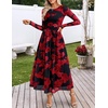 MEROKEETY Women’s Fall Wedding Guest Cocktail Long Sleeve Floral Maxi Dress | 2026 Winter, Crewneck, High Waist, A Line Flowy, Pleated, Lined, Party, Baby Shower, Elegant Formal Long Dress, with Pockets(Black Red)