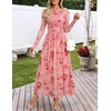 MEROKEETY Women’s Fall Wedding Guest Cocktail Long Sleeve Floral Maxi Dress | 2026 Winter, Crewneck, High Waist, A Line Flowy, Pleated, Lined, Party, Baby Shower, Elegant Formal Long Dress, with Pockets(Pink)