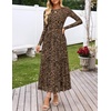 MEROKEETY Women’s Fall Wedding Guest Cocktail Long Sleeve Floral Maxi Dress | 2026 Winter, Crewneck, High Waist, A Line Flowy, Pleated, Lined, Party, Baby Shower, Elegant Formal Long Dress, with Pockets(Leopard)