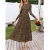 MEROKEETY Women’s Fall Wedding Guest Cocktail Long Sleeve Floral Maxi Dress | 2026 Winter, Crewneck, High Waist, A Line Flowy, Pleated, Lined, Party, Baby Shower, Elegant Formal Long Dress, with Pockets(Leopard)