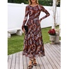 MEROKEETY Women’s Fall Wedding Guest Cocktail Long Sleeve Floral Maxi Dress | 2026 Winter, Crewneck, High Waist, A Line Flowy, Pleated, Lined, Party, Baby Shower, Elegant Formal Long Dress, with Pockets(Brown)