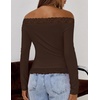 MEROKEETY Women’s Off The Shoulder Long Sleeve Lace Tops | 2026 Fall Fashion Shirt, Slim Fit, Cute Going Out Y2K Blouses, Floral Lace Tops, Solid Color Lightweight Knit Tee(Coffee)