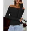 MEROKEETY Women’s Off The Shoulder Long Sleeve Lace Tops | 2026 Fall Fashion Shirt, Slim Fit, Cute Going Out Y2K Blouses, Floral Lace Tops, Solid Color Lightweight Knit Tee(Black)