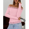 MEROKEETY Women’s Off The Shoulder Long Sleeve Lace Tops | 2026 Fall Fashion Shirt, Slim Fit, Cute Going Out Y2K Blouses, Floral Lace Tops, Solid Color Lightweight Knit Tee(Pink)