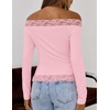 MEROKEETY Women’s Off The Shoulder Long Sleeve Lace Tops | 2026 Fall Fashion Shirt, Slim Fit, Cute Going Out Y2K Blouses, Floral Lace Tops, Solid Color Lightweight Knit Tee(Pink)