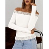 MEROKEETY Women’s Off The Shoulder Long Sleeve Lace Tops | 2026 Fall Fashion Shirt, Slim Fit, Cute Going Out Y2K Blouses, Floral Lace Tops, Solid Color Lightweight Knit Tee(White)