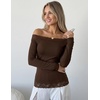 MEROKEETY Women’s Off The Shoulder Long Sleeve Lace Tops | 2026 Fall Fashion Shirt, Slim Fit, Cute Going Out Y2K Blouses, Floral Lace Tops, Solid Color Lightweight Knit Tee(Coffee)