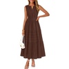 MEROKEETY Summer Casual Sleeveless V Neck Midi Maxi Cotton Dress Women 2026 | Shirred Waist, Eyelets, Tiered, Lined, with Pockets, Boho, Semi Formal, Modest, Vacation, Bridal Shower, Church, Long Dresses(Coffee)