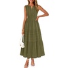 MEROKEETY Summer Casual Sleeveless V Neck Midi Maxi Cotton Dress Women 2026 | Shirred Waist, Eyelets, Tiered, Lined, with Pockets, Boho, Semi Formal, Modest, Vacation, Bridal Shower, Church, Long Dresses(Armygreen)
