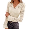 MEROKEETY Women Fall Lace Long Bell Sleeve Blouse V Neck Dressy Shirt Tops | 2026 Trendy, Fitted, Floral Jacquard, Mesh, Sheer Sleeves, Torso‑lined, Business Casual, Fashion Outfit, Winter Clothes(Beige)