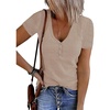 MEROKEETY Womens 2026 Summer Short Sleeve Tops Casual T Shirts | V Neck, Ribbed Knit, Henley, Button Down, Trendy Fashion Basic Tee Shirts Blouses, Going Out Outfits Clothes(Almond)