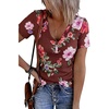 MEROKEETY Womens 2026 Summer Short Sleeve Tops Casual T Shirts | V Neck, Ribbed Knit, Henley, Button Down, Trendy Fashion Basic Tee Shirts Blouses, Going Out Outfits Clothes(Brickredfloral)