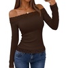 MEROKEETY Women’s Off The Shoulder Long Sleeve Lace Tops | 2026 Fall Fashion Shirt, Slim Fit, Cute Going Out Y2K Blouses, Floral Lace Tops, Solid Color Lightweight Knit Tee(Coffee)