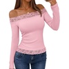 MEROKEETY Women’s Off The Shoulder Long Sleeve Lace Tops | 2026 Fall Fashion Shirt, Slim Fit, Cute Going Out Y2K Blouses, Floral Lace Tops, Solid Color Lightweight Knit Tee(Pink)