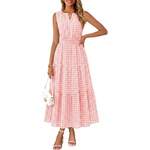 MEROKEETY Summer Casual Sleeveless V Neck Midi Maxi Cotton Dress Women 2026 | Shirred Waist, Eyelets, Tiered, Lined, with Pockets, Boho, Semi Formal, Modest, Vacation, Bridal Shower, Church, Long Dresses(Pinkgingham)