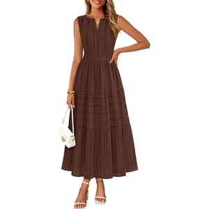 MEROKEETY Summer Casual Sleeveless V Neck Midi Maxi Cotton Dress Women 2026 | Shirred Waist, Eyelets, Tiered, Lined, with Pockets, Boho, Semi Formal, Modest, Vacation, Bridal Shower, Church, Long Dresses(Coffee)