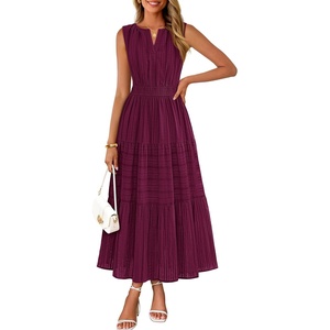 MEROKEETY Summer Casual Sleeveless V Neck Midi Maxi Cotton Dress Women 2026 | Shirred Waist, Eyelets, Tiered, Lined, with Pockets, Boho, Semi Formal, Modest, Vacation, Bridal Shower, Church, Long Dresses(Wine)