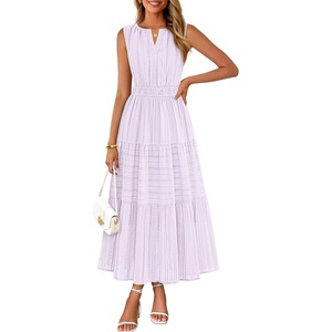 MEROKEETY Summer Casual Sleeveless V Neck Midi Maxi Cotton Dress Women 2026 | Shirred Waist, Eyelets, Tiered, Lined, with Pockets, Boho, Semi Formal, Modest, Vacation, Bridal Shower, Church, Long Dresses(Lightpurple)