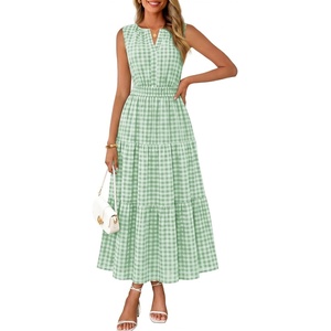 MEROKEETY Summer Casual Sleeveless V Neck Midi Maxi Cotton Dress Women 2026 | Shirred Waist, Eyelets, Tiered, Lined, with Pockets, Boho, Semi Formal, Modest, Vacation, Bridal Shower, Church, Long Dresses(Greengingham)