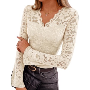 MEROKEETY Women Fall Lace Long Bell Sleeve Blouse V Neck Dressy Shirt Tops | 2026 Trendy, Fitted, Floral Jacquard, Mesh, Sheer Sleeves, Torso‑lined, Business Casual, Fashion Outfit, Winter Clothes(Beige)