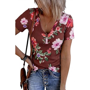 MEROKEETY Womens 2026 Summer Short Sleeve Tops Casual T Shirts | V Neck, Ribbed Knit, Henley, Button Down, Trendy Fashion Basic Tee Shirts Blouses, Going Out Outfits Clothes(Brickredfloral)