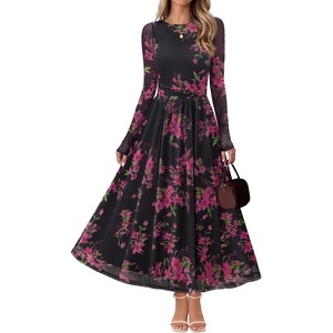 MEROKEETY Women’s Fall Wedding Guest Cocktail Long Sleeve Floral Maxi Dress | 2026 Winter, Crewneck, High Waist, A Line Flowy, Pleated, Lined, Party, Baby Shower, Elegant Formal Long Dress, with Pockets(Black)