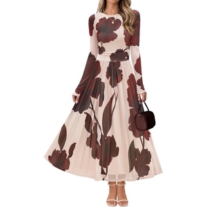 MEROKEETY Women’s Fall Wedding Guest Cocktail Long Sleeve Floral Maxi Dress | 2026 Winter, Crewneck, High Waist, A Line Flowy, Pleated, Lined, Party, Baby Shower, Elegant Formal Long Dress, with Pockets(Apricot Floral)