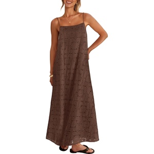MEROKEETY Women’s Summer Maxi Dress Boho Spaghetti Straps Sundress | Sleeveless, Casual, Floral Lace Eyelet, Fully Lined, Flowy, A Line, Cute, Trendy, Long Dress for Beach Vacation, Travel(Brown)