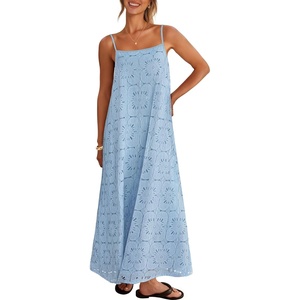 MEROKEETY Women’s Summer Maxi Dress Boho Spaghetti Straps Sundress | Sleeveless, Casual, Floral Lace Eyelet, Fully Lined, Flowy, A Line, Cute, Trendy, Long Dress for Beach Vacation, Travel(Blue)