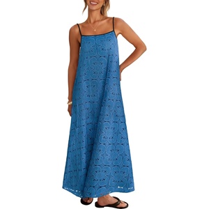 MEROKEETY Women’s Summer Maxi Dress Boho Spaghetti Straps Sundress | Sleeveless, Casual, Floral Lace Eyelet, Fully Lined, Flowy, A Line, Cute, Trendy, Long Dress for Beach Vacation, Travel(Dustyblue)