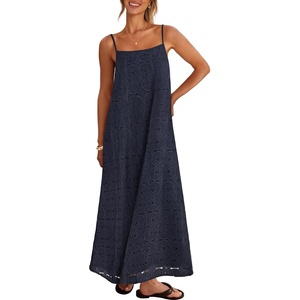 MEROKEETY Women’s Summer Maxi Dress Boho Spaghetti Straps Sundress | Sleeveless, Casual, Floral Lace Eyelet, Fully Lined, Flowy, A Line, Cute, Trendy, Long Dress for Beach Vacation, Travel(Navy)