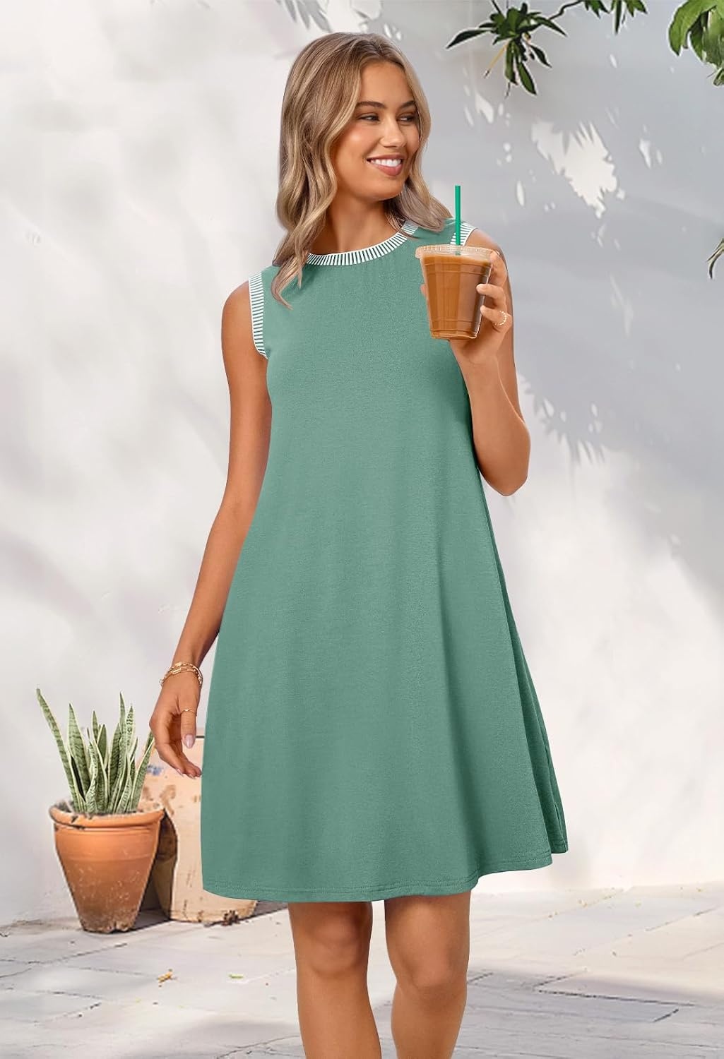 image:imageMEROKEETY Womens Casual Summer Sleeveless Tank Contrast Sun Dress 2026 Knee Length Rayon Jersey Soft Beach Vacation Striped Trim Crewneck Petite Short Shift Dresses Swing SundressesSage