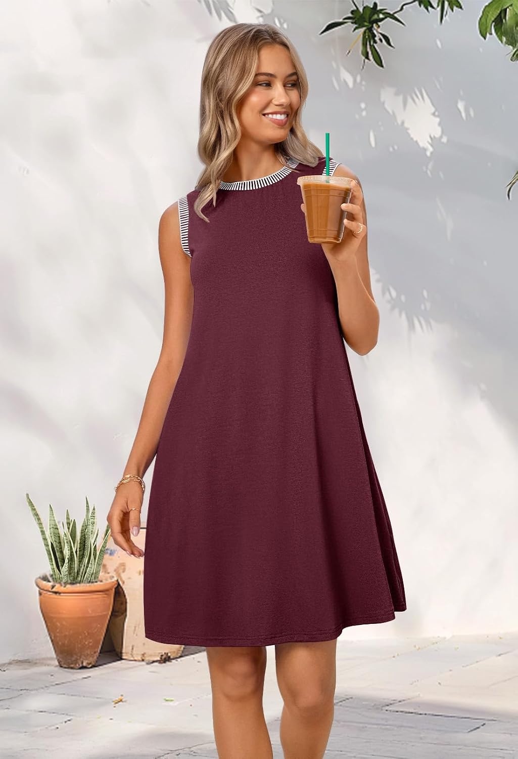 image:imageMEROKEETY Womens Casual Summer Sleeveless Tank Contrast Sun Dress 2026 Knee Length Rayon Jersey Soft Beach Vacation Striped Trim Crewneck Petite Short Shift Dresses Swing SundressesWine