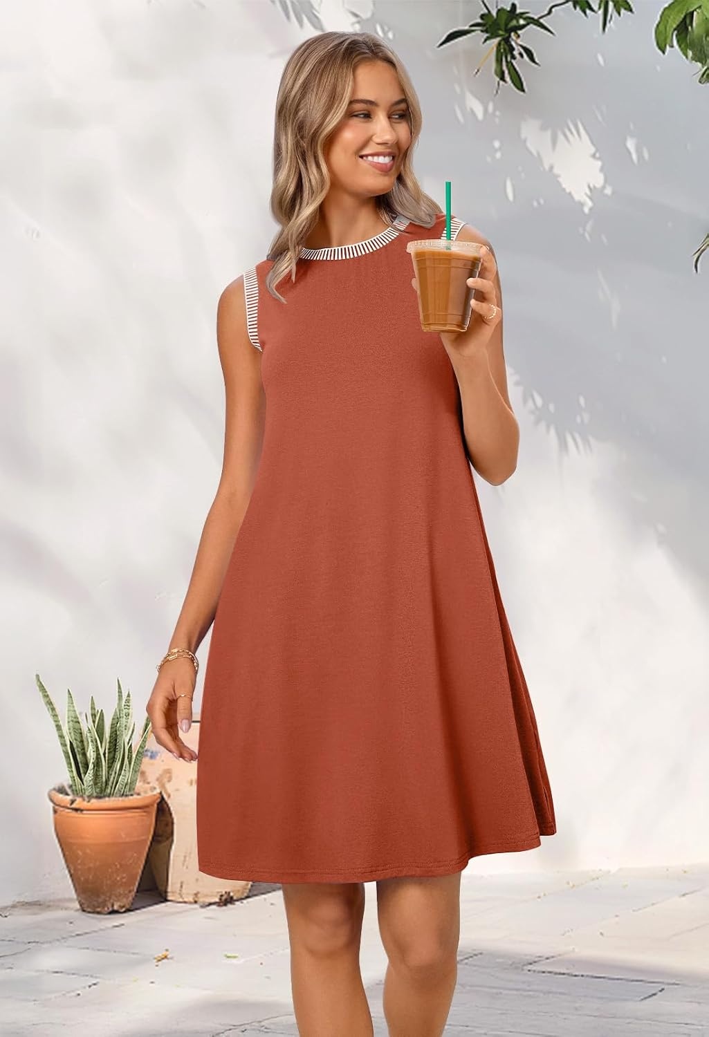 image:imageMEROKEETY Womens Casual Summer Sleeveless Tank Contrast Sun Dress 2026 Knee Length Rayon Jersey Soft Beach Vacation Striped Trim Crewneck Petite Short Shift Dresses Swing SundressesCaramel