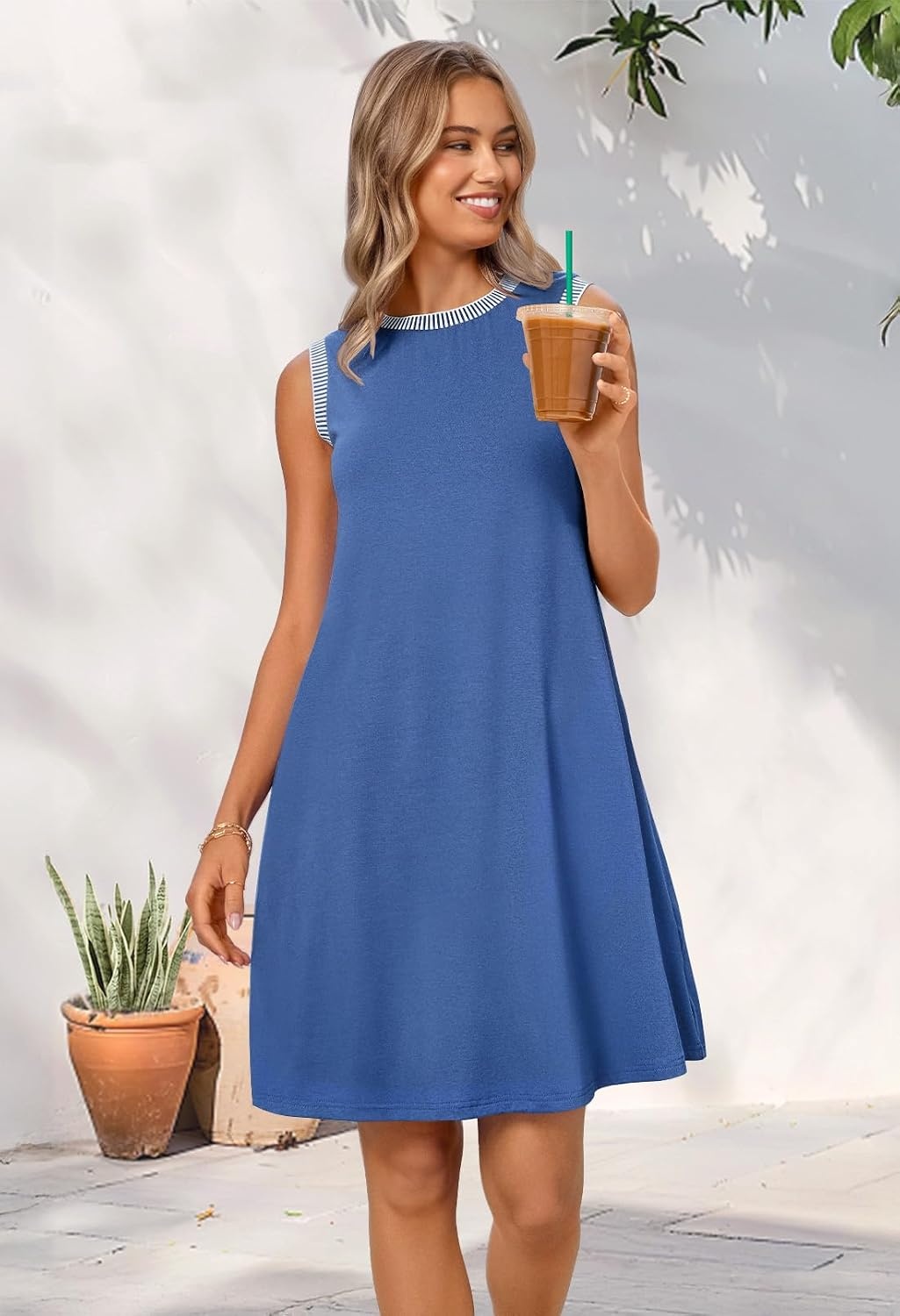 image:imageMEROKEETY Womens Casual Summer Sleeveless Tank Contrast Sun Dress 2026 Knee Length Rayon Jersey Soft Beach Vacation Striped Trim Crewneck Petite Short Shift Dresses Swing SundressesDarkblue