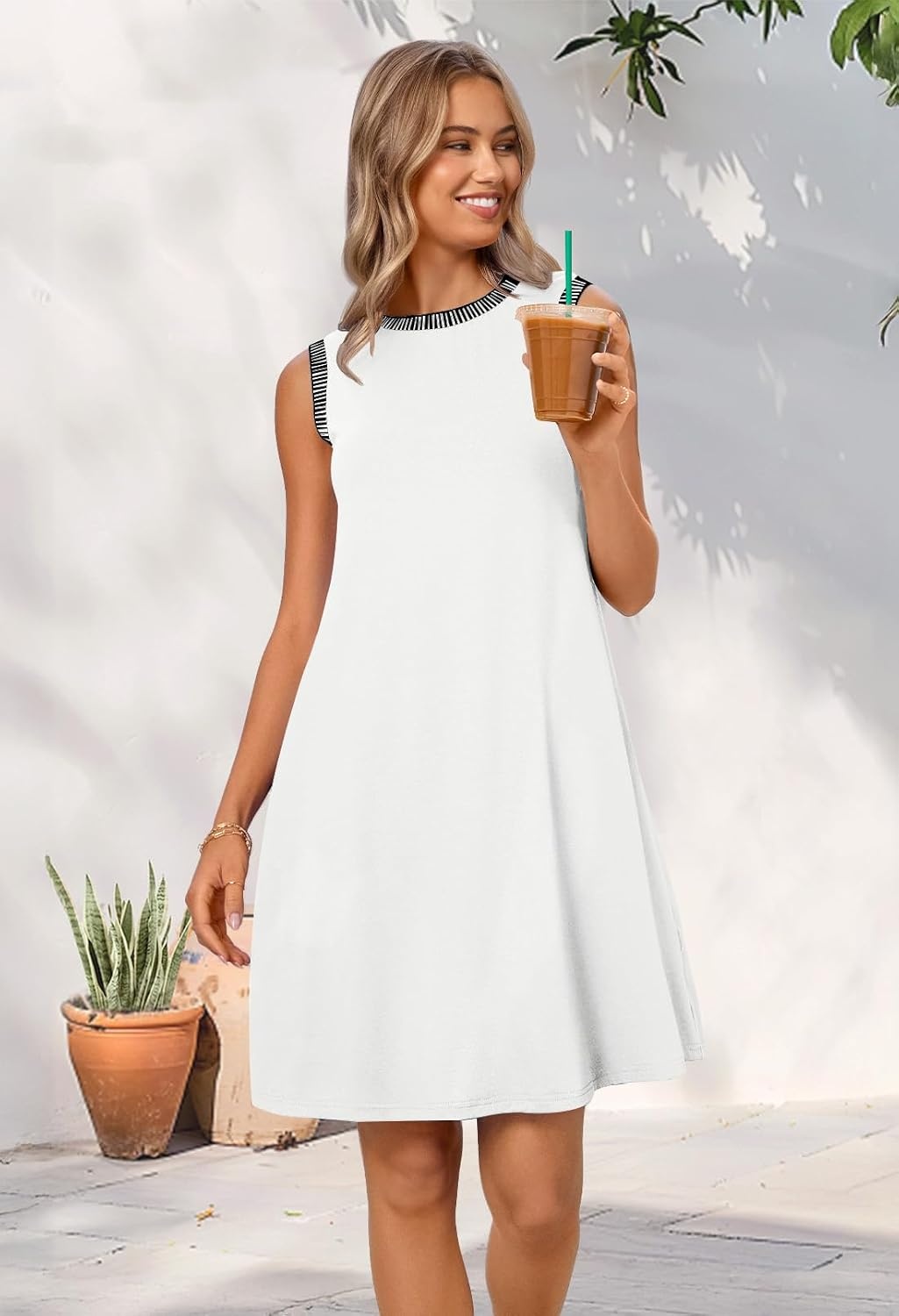 image:imageMEROKEETY Womens Casual Summer Sleeveless Tank Contrast Sun Dress 2026 Knee Length Rayon Jersey Soft Beach Vacation Striped Trim Crewneck Petite Short Shift Dresses Swing SundressesNewwhite
