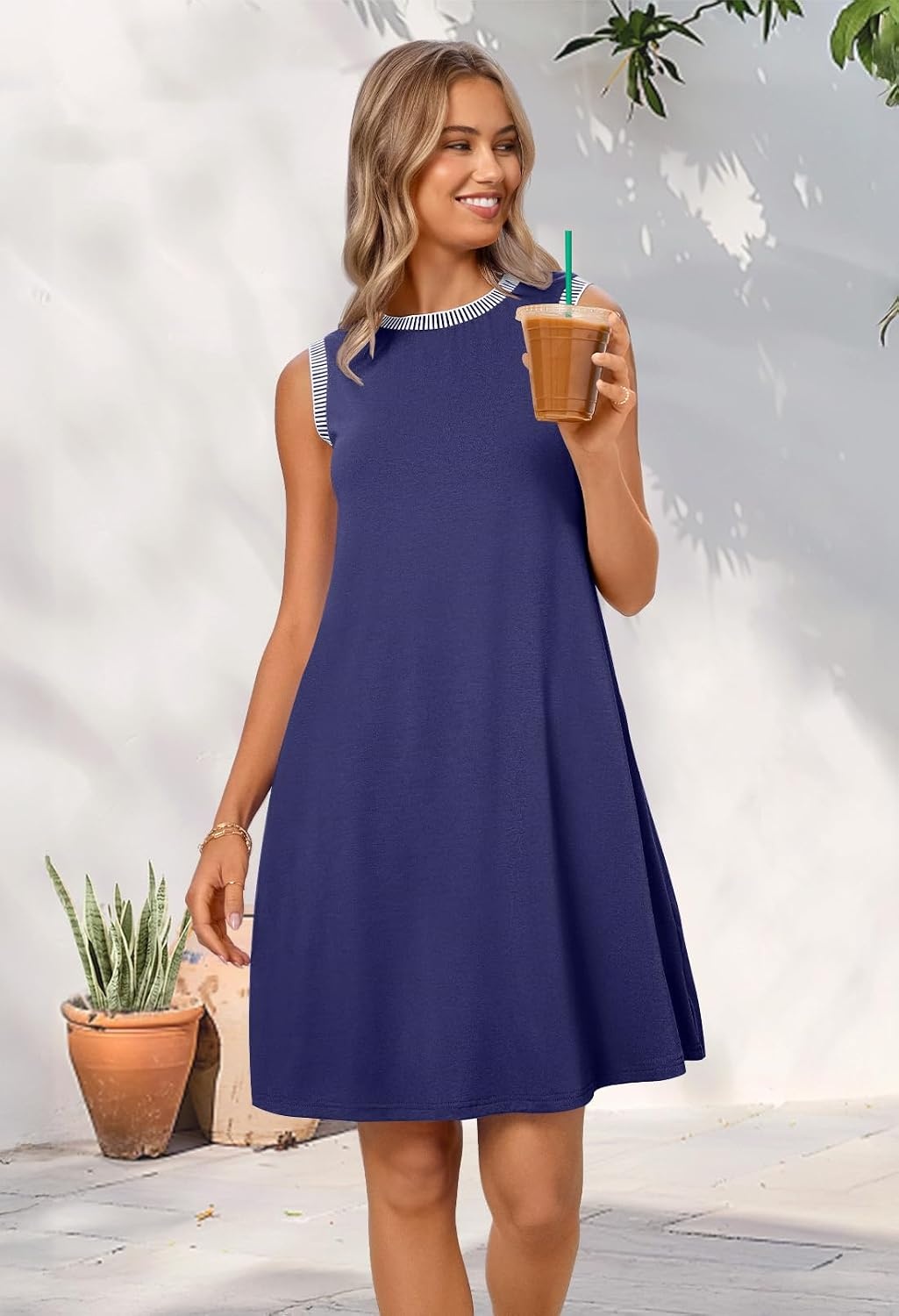 image:imageMEROKEETY Womens Casual Summer Sleeveless Tank Contrast Sun Dress 2026 Knee Length Rayon Jersey Soft Beach Vacation Striped Trim Crewneck Petite Short Shift Dresses Swing SundressesNavy