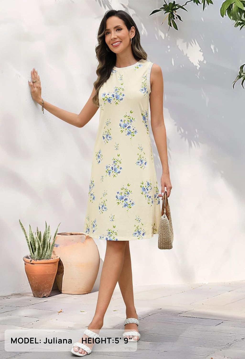 image:imageMEROKEETY Womens Casual Summer Sleeveless Tank Contrast Sun Dress 2026 Knee Length Rayon Jersey Soft Beach Vacation Striped Trim Crewneck Petite Short Shift Dresses Swing SundressesFloral1