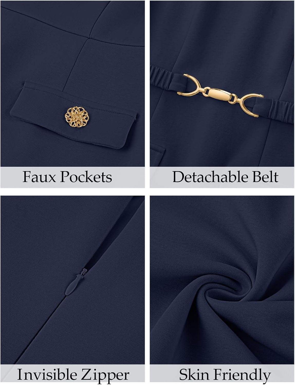 image:imageMEROKEETY Womens Summer Business Casual Work Office Mini Dress Short Sleeve Bodycon A Line Mini Dress Decorative Faux Pockets Metal Buckle Belt Elegant Classy Cocktail GraduationNavy