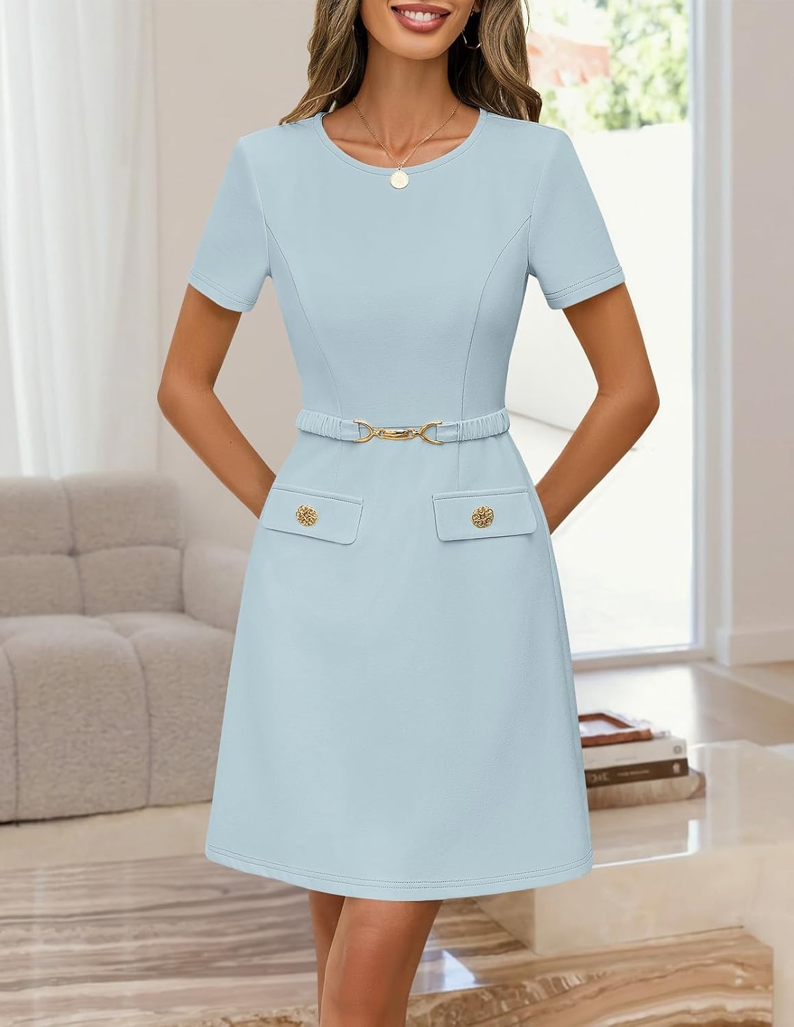image:imageMEROKEETY Womens Summer Business Casual Work Office Mini Dress Short Sleeve Bodycon A Line Mini Dress Decorative Faux Pockets Metal Buckle Belt Elegant Classy Cocktail GraduationBlue