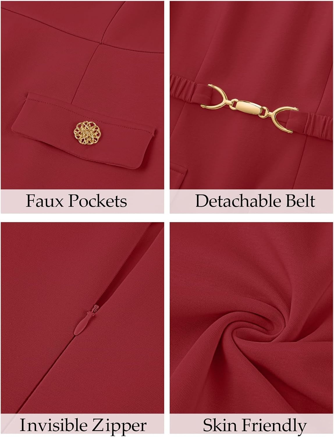 image:imageMEROKEETY Womens Summer Business Casual Work Office Mini Dress Short Sleeve Bodycon A Line Mini Dress Decorative Faux Pockets Metal Buckle Belt Elegant Classy Cocktail GraduationWine