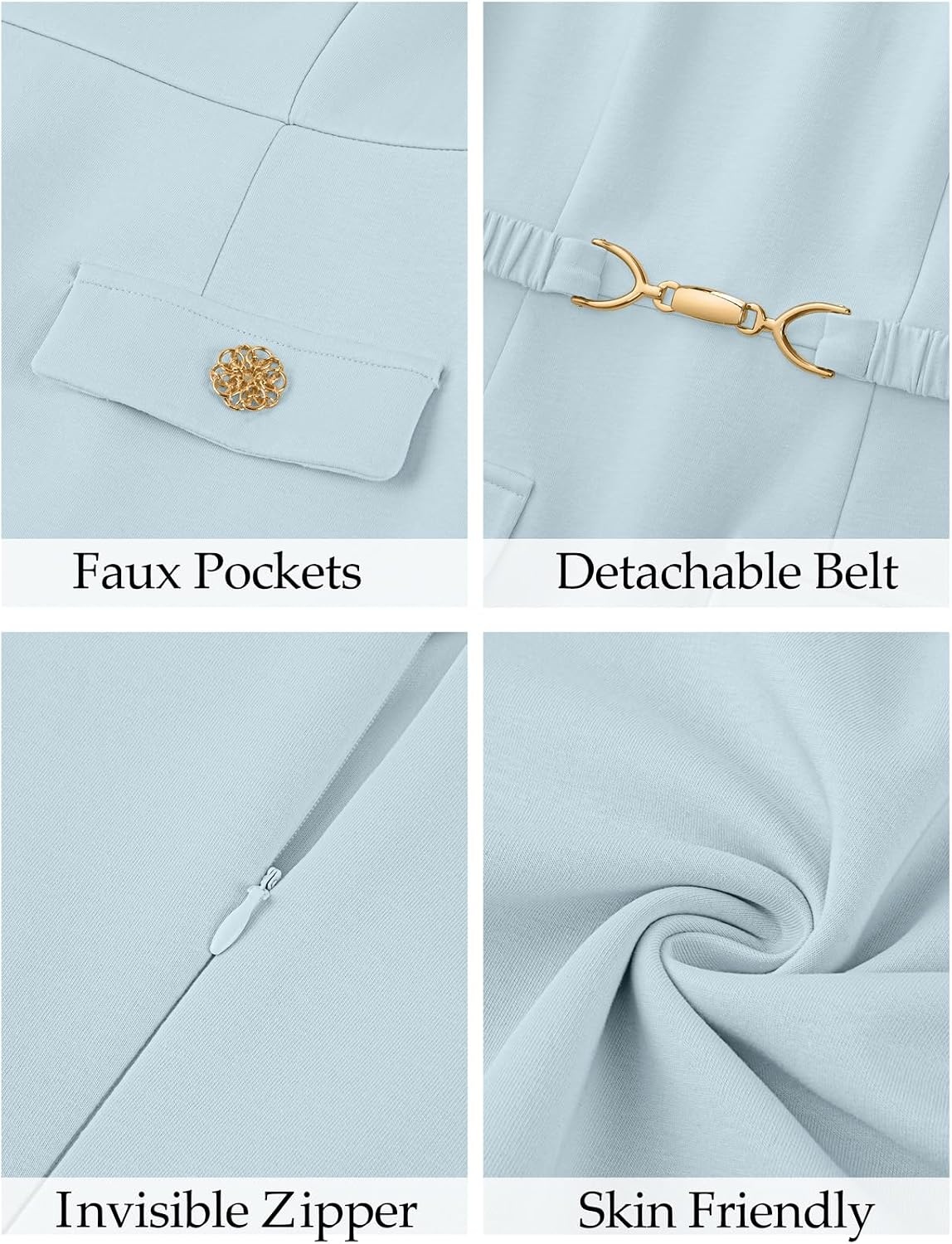 image:imageMEROKEETY Womens Summer Business Casual Work Office Mini Dress Short Sleeve Bodycon A Line Mini Dress Decorative Faux Pockets Metal Buckle Belt Elegant Classy Cocktail GraduationBlue