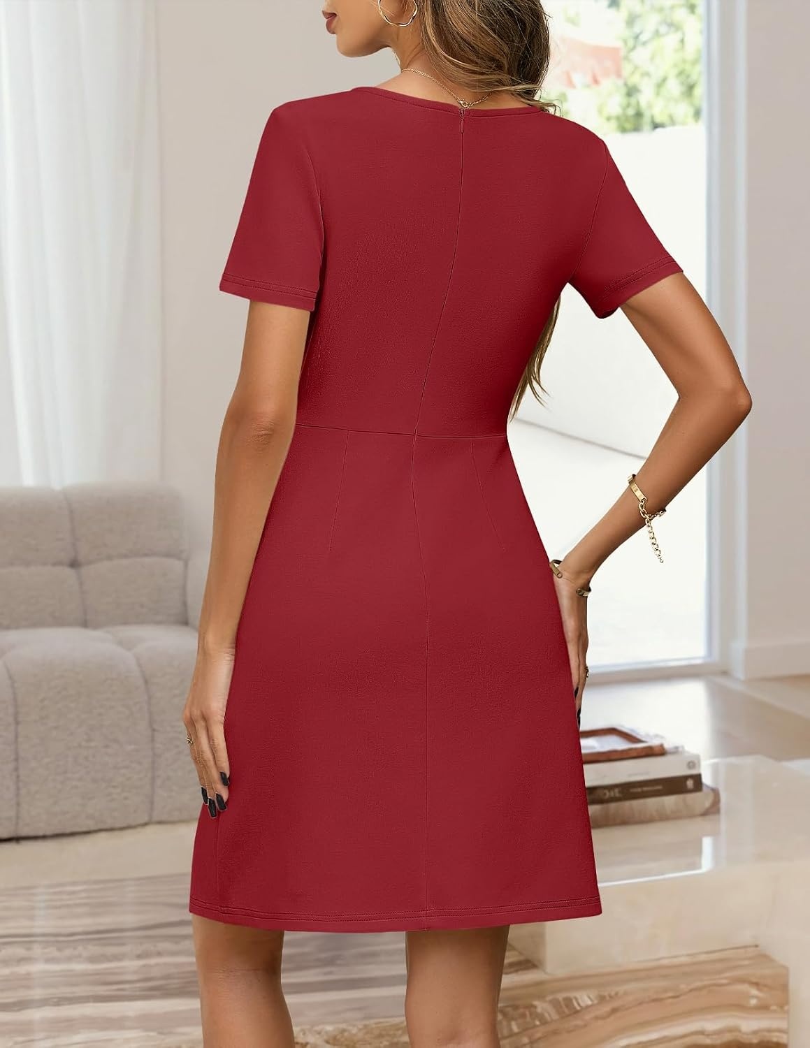 image:imageMEROKEETY Womens Summer Business Casual Work Office Mini Dress Short Sleeve Bodycon A Line Mini Dress Decorative Faux Pockets Metal Buckle Belt Elegant Classy Cocktail GraduationWine