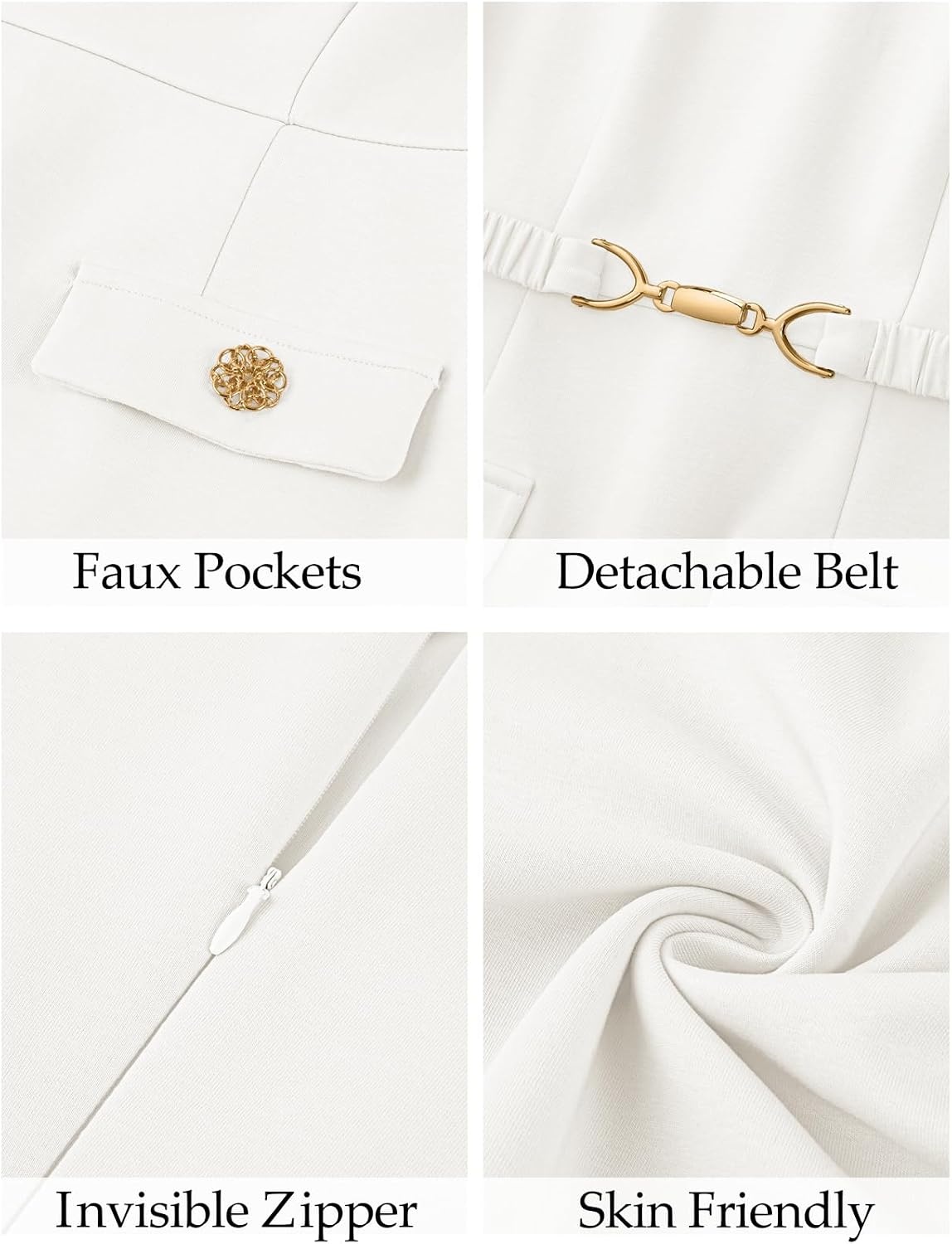 image:imageMEROKEETY Womens Summer Business Casual Work Office Mini Dress Short Sleeve Bodycon A Line Mini Dress Decorative Faux Pockets Metal Buckle Belt Elegant Classy Cocktail GraduationWhite