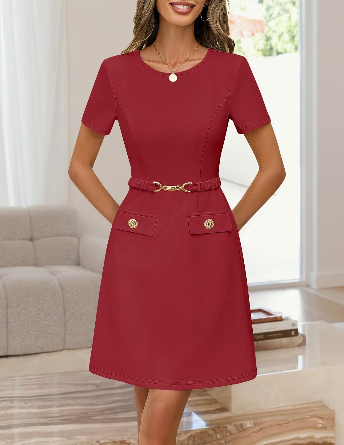 image:imageMEROKEETY Womens Summer Business Casual Work Office Mini Dress Short Sleeve Bodycon A Line Mini Dress Decorative Faux Pockets Metal Buckle Belt Elegant Classy Cocktail GraduationWine