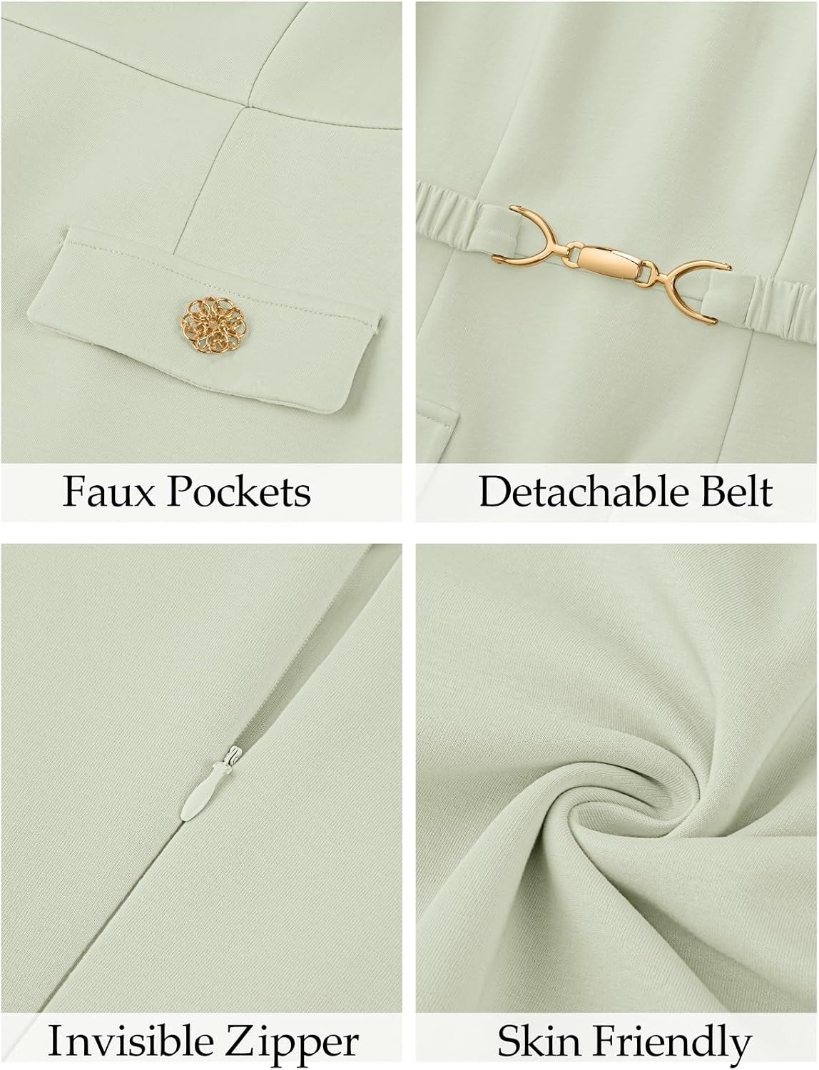 image:imageMEROKEETY Womens Summer Business Casual Work Office Mini Dress Short Sleeve Bodycon A Line Mini Dress Decorative Faux Pockets Metal Buckle Belt Elegant Classy Cocktail GraduationLightgreen