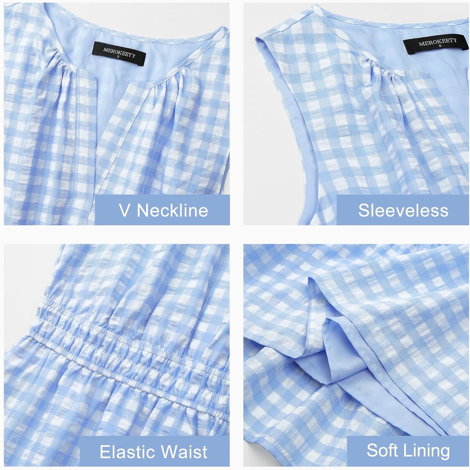 image:imageMEROKEETY Womens Summer Casual Beach Vacation Sleeveless Mini Sundress 2026 V Neck A Line Solid Color Ruffle Hem Flowy Swing Sun Dress Elastic Waist Cotton Wedding Guest Graduation Short DressBluegingham