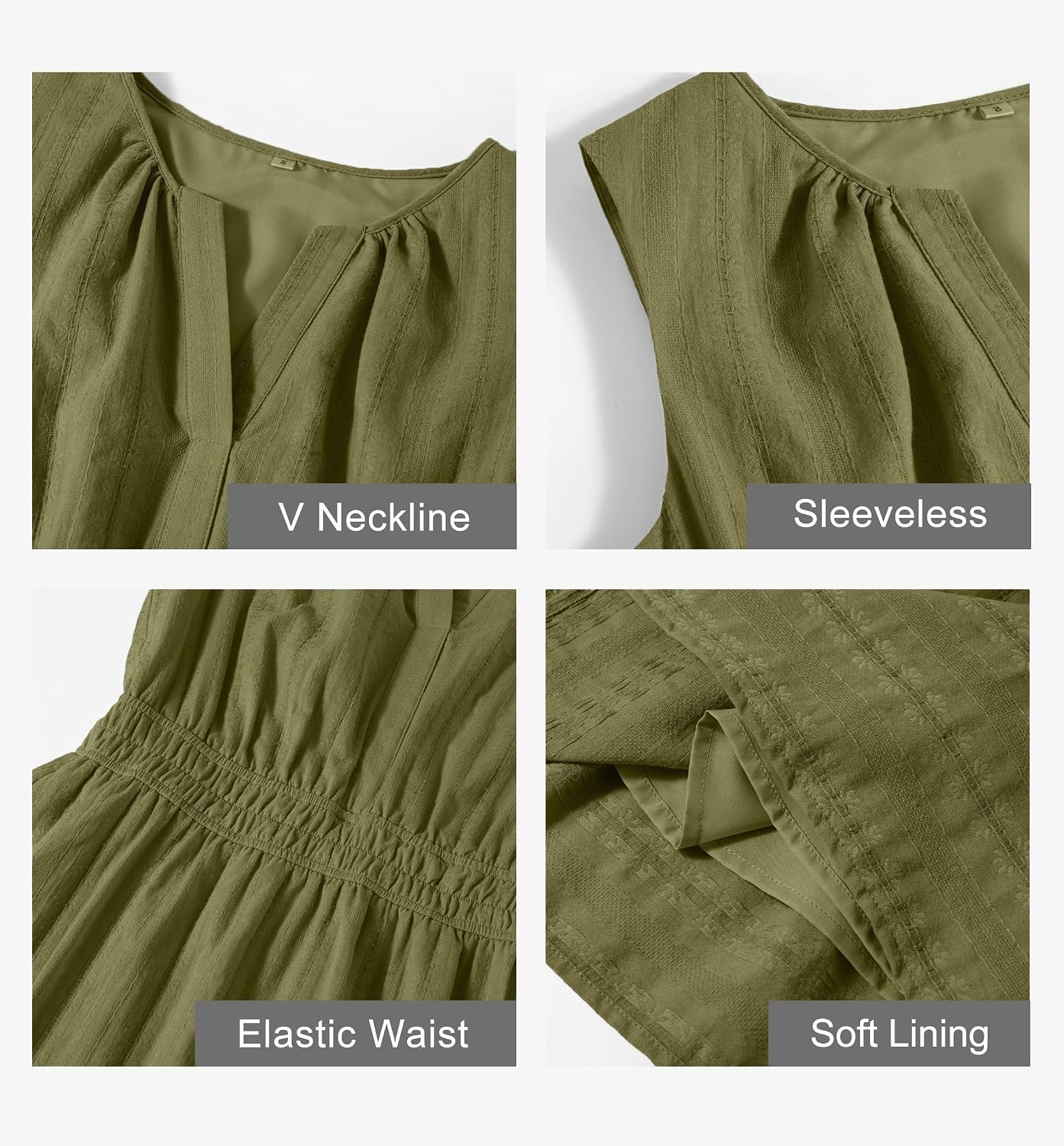 image:imageMEROKEETY Womens Summer Casual Beach Vacation Sleeveless Mini Sundress 2026 V Neck A Line Solid Color Ruffle Hem Flowy Swing Sun Dress Elastic Waist Cotton Wedding Guest Graduation Short DressArmygreen